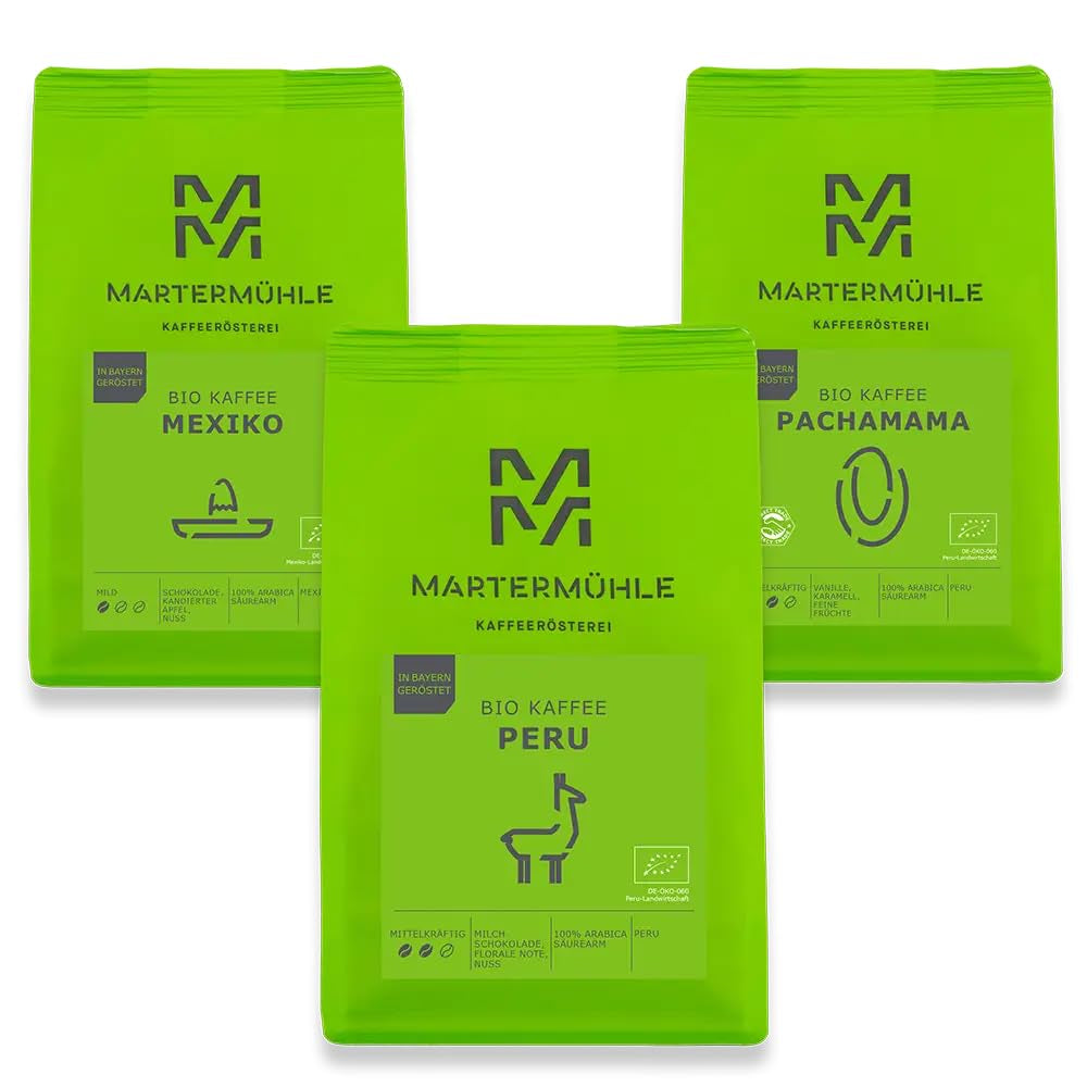 Set campioni di caffè in grani biologici Martermühle 3x250g di forza leggera/media I Arabica I Chicchi di caffè biologici interi leggermente tostati, bassa acidità (68/74/426)