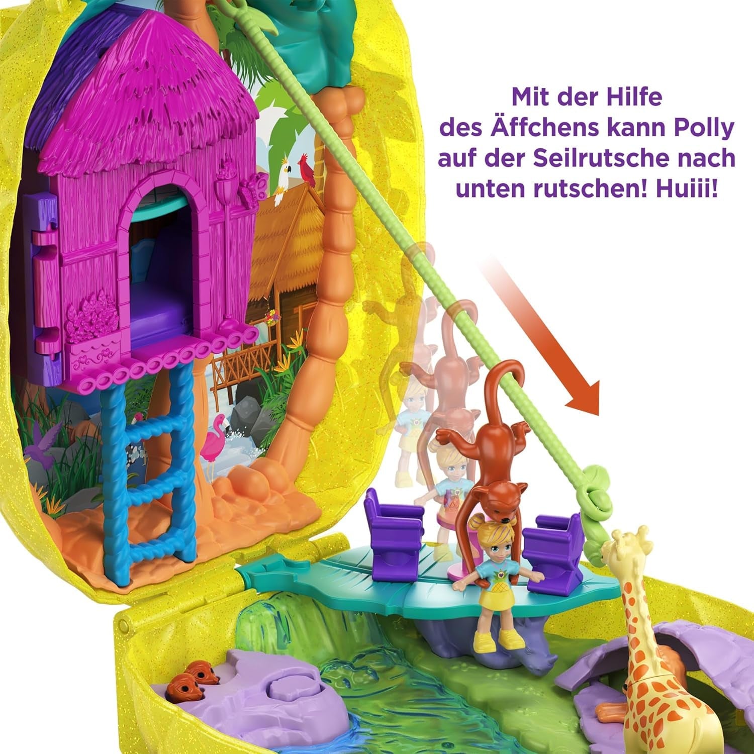 Polly Pocket GKJ64 - Compatto portatile Pineapple Pocket con 8 divertenti funzioni, bambole Polly e Lila, 2 accessori e foglio di adesivi; giocattolo per bambini dai 4 anni in su