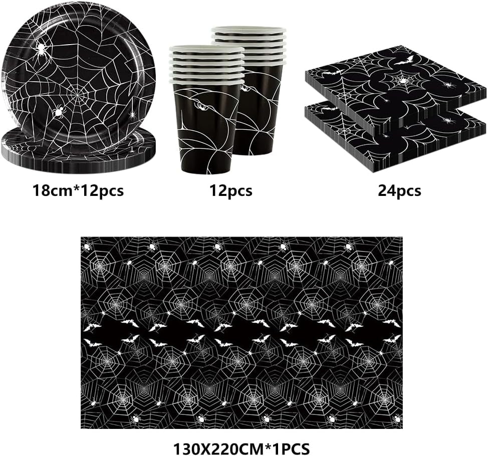 Set di posate di carta Halloween Spider da 49 pezzi, comprensivo di piatti, tovaglioli, bicchieri e tovaglia. Set stoviglie nero con piatti dessert, tovaglioli e bicchieri.