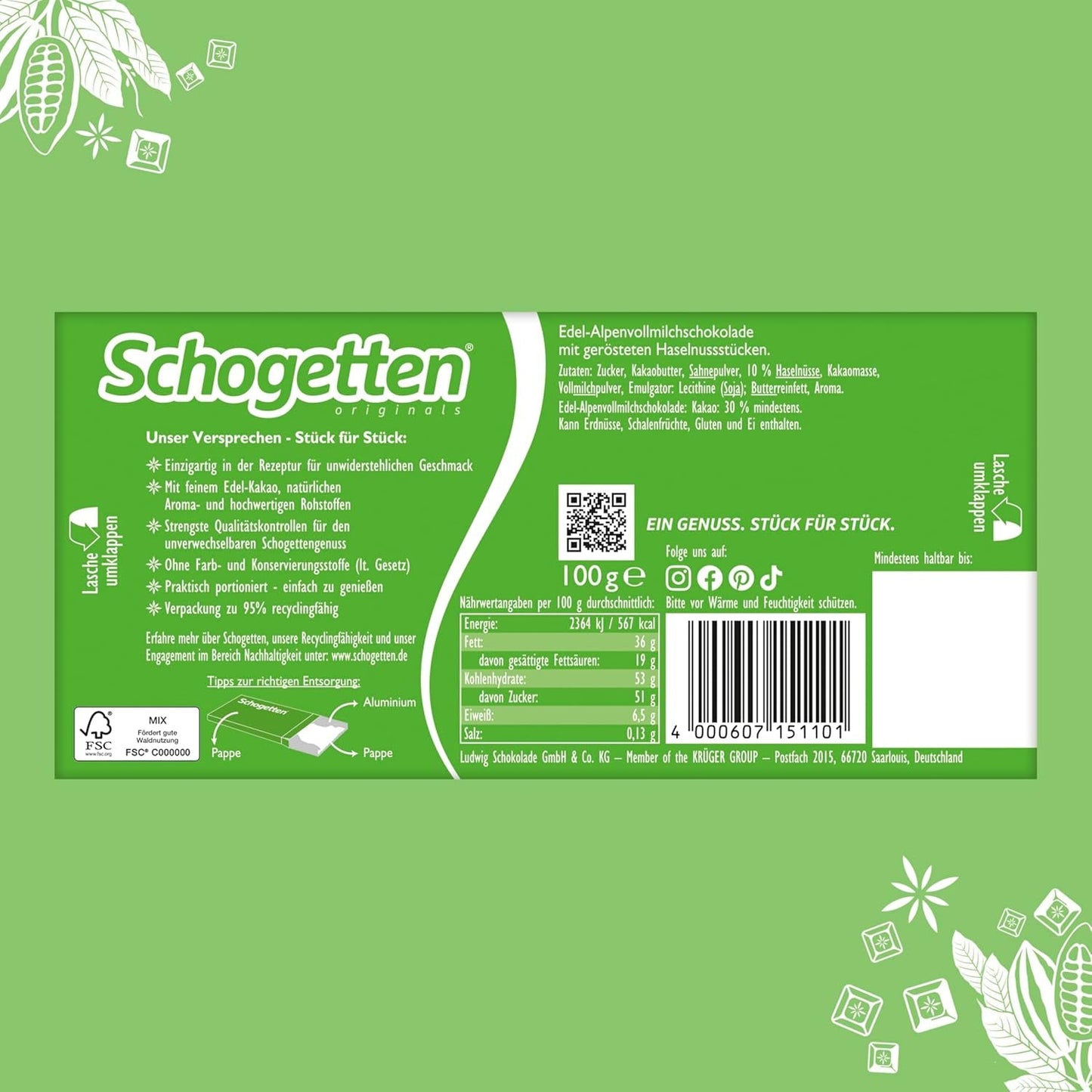 Schogetten Premium Cioccolato al latte alpino con nocciole, tavoletta di cioccolato da 100 g, porzionato individualmente. Una delizia. Pezzo per pezzo.