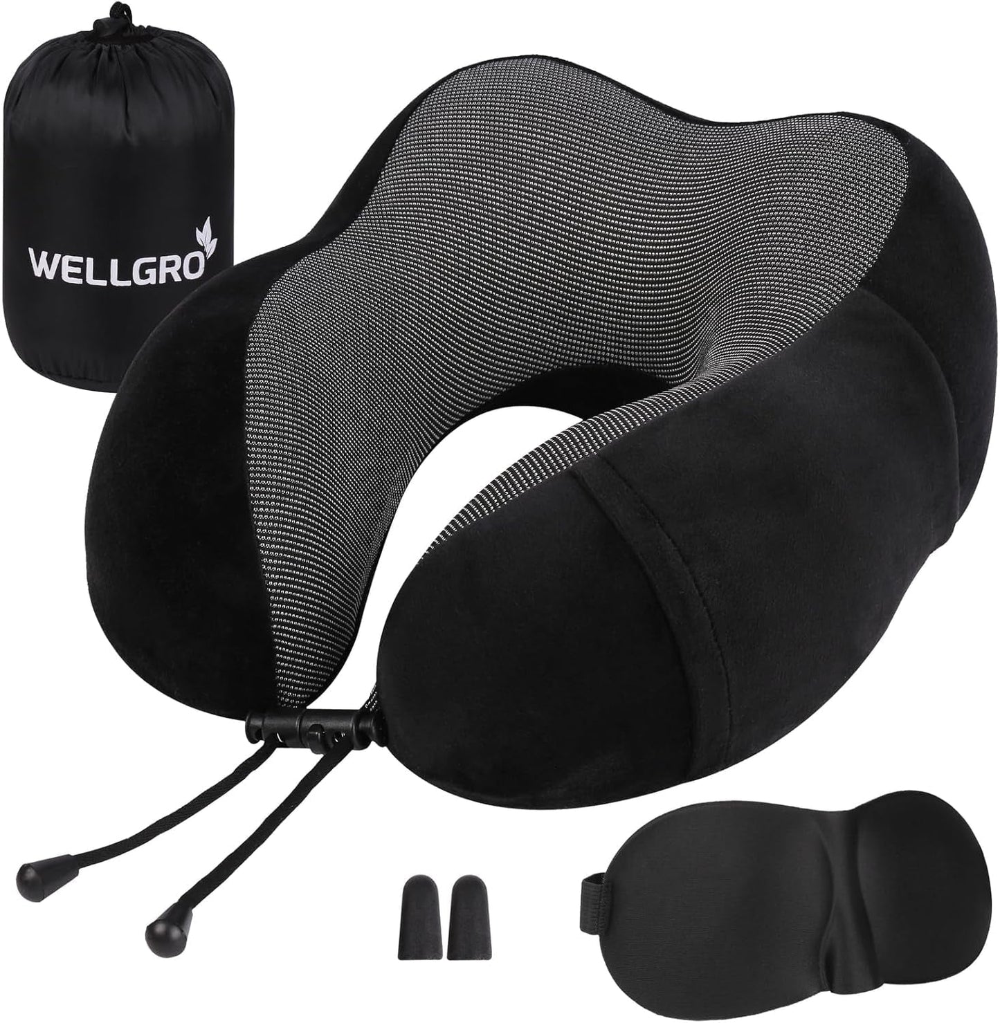 WELLGRO Set Cuscini per Collo con Maschera per Dormire 3D e Tappi per Le Orecchie - Fodera Rimovibile - Memory Foam - Chiusura con Cerniera - Inclusa Custodia - Cuscino da Viaggio - Colore Selezionabile, Colore:Grigio Naty Shop Cuscini Cervicali Ortopedici Nero
