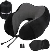 WELLGRO Set Cuscini per Collo con Maschera per Dormire 3D e Tappi per Le Orecchie - Fodera Rimovibile - Memory Foam - Chiusura con Cerniera - Inclusa Custodia - Cuscino da Viaggio - Colore Selezionabile, Colore:Grigio Naty Shop Cuscini Cervicali Ortopedici Nero