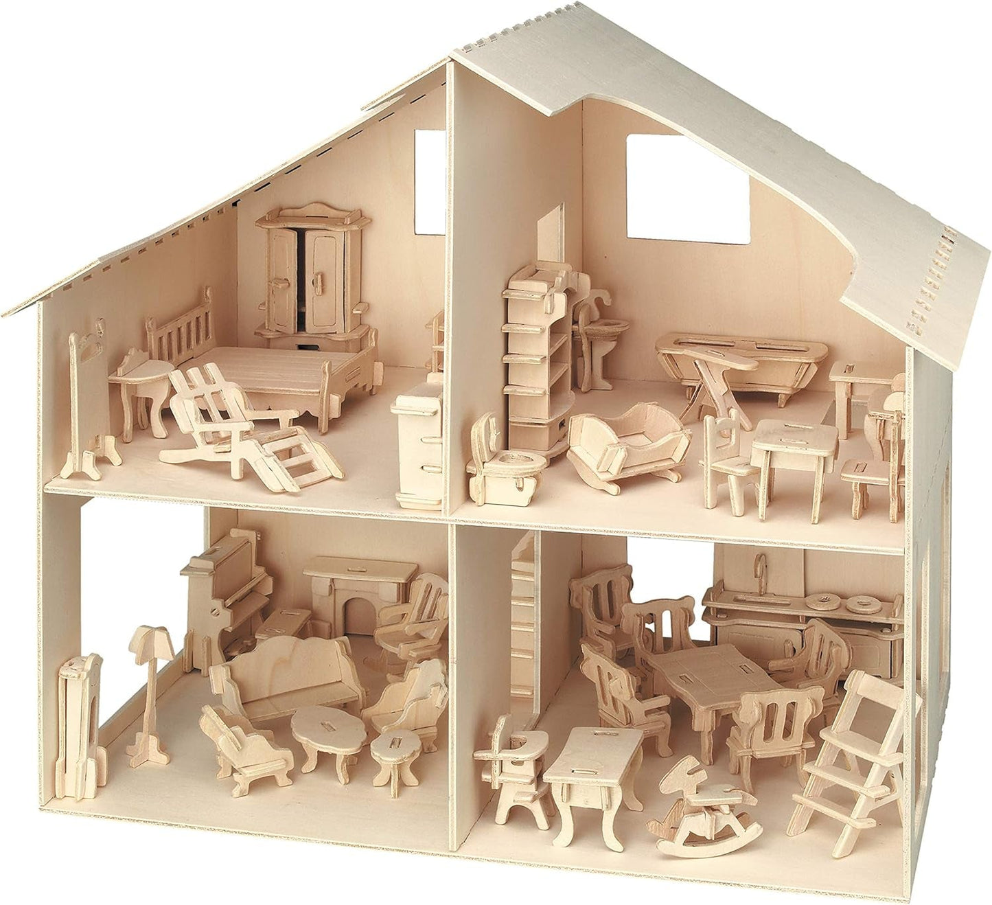Pebaro Donau Elektronik _M880 Puzzle 3D Casa delle Bambole con Mobili, 30 x 30 x 30 cm, Naturale