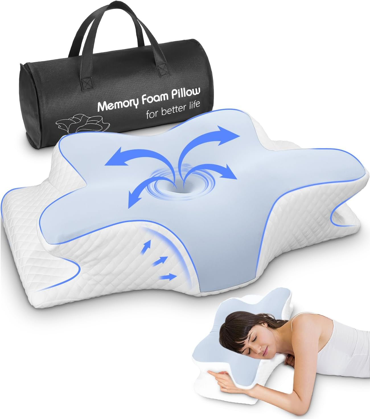 Cuscino per il collo, Cuscino di supporto laterale, Cuscino in memory foam, Cuscino ortopedico, Cuscino di supporto ergonomico per il collo per un supporto ottimale Cuscino di supporto laterale per schiena e stomaco (62 X 41 X 13 CM) Cuscini ortopedici cervicali Naty Shop Blu