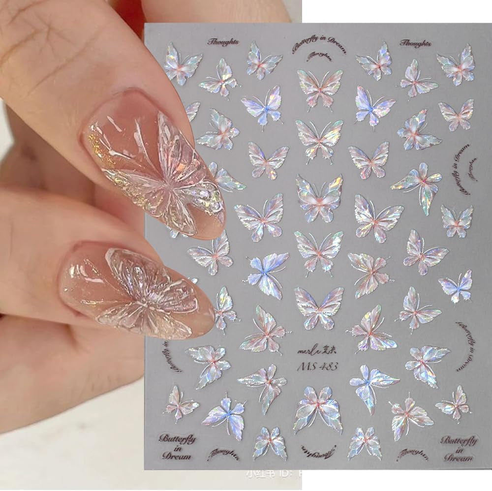 Glänzend Aurora Shell Schmetterling Nagelsticker Selbstklebend, Erleichterung Schmetterlinge Nail Sticker Rosa Laser Schmetterling Nagelaufkleber Für Frauen Nageldesign Zubehör Nagel Zubehör Nail Art