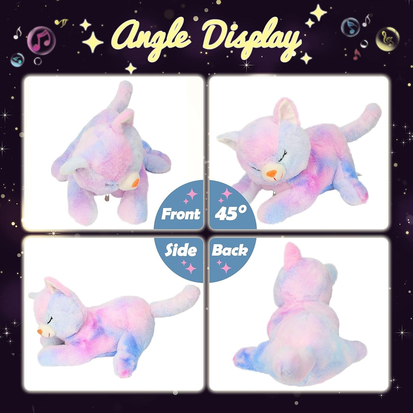 Gatto di Peluche Musicale a LED, Giocattolo Cantante Leggero, Mamma Gatta con 3 Gattini nella Pancia, Ninna Nanna Animata, Giocattolo Rilassante per Mamme, Bambini, Bambine, Arcobaleno, 45 cm