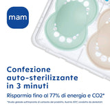Ciuccio MAM 6+ mesi (confezione da 2) MAM 6-16 mesi si illumina al buio con tettarella in gomma, confezione da 2 con portaciuccio sterilizzante, azzurro/azzurro