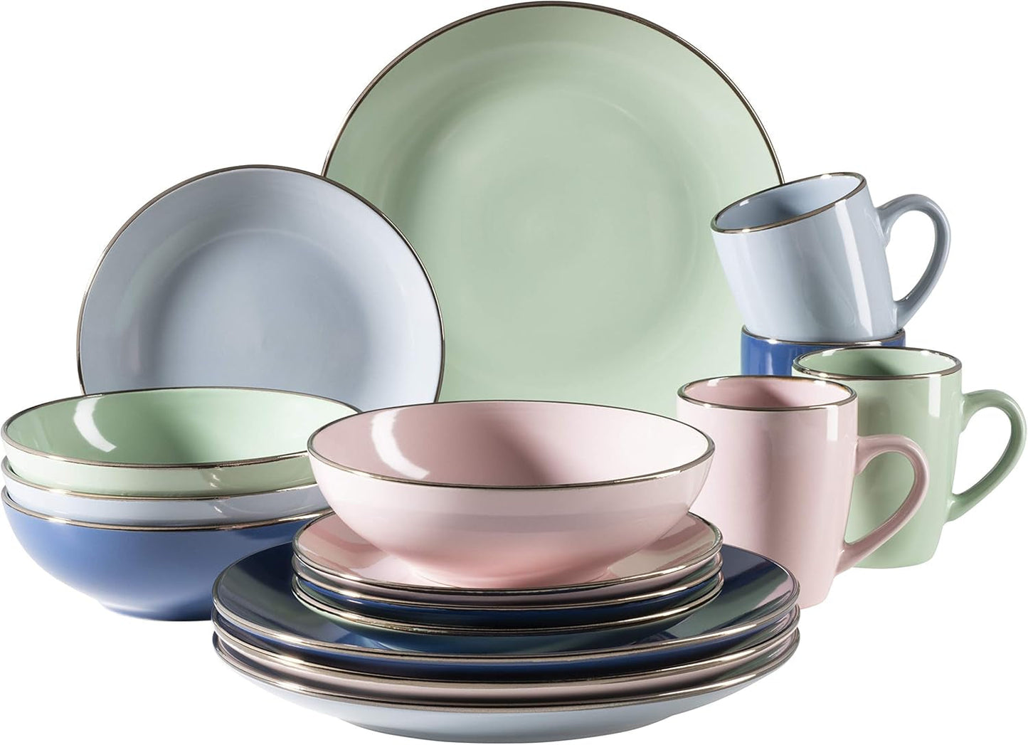 MÄSER 931870 Struttura in metallo, Set di stoviglie moderno per 4 persone con struttura color ottone, Set combinato da 16 pezzi con forme coupé senza cornice, Multicolor, Gres, Pastel'n'Blue