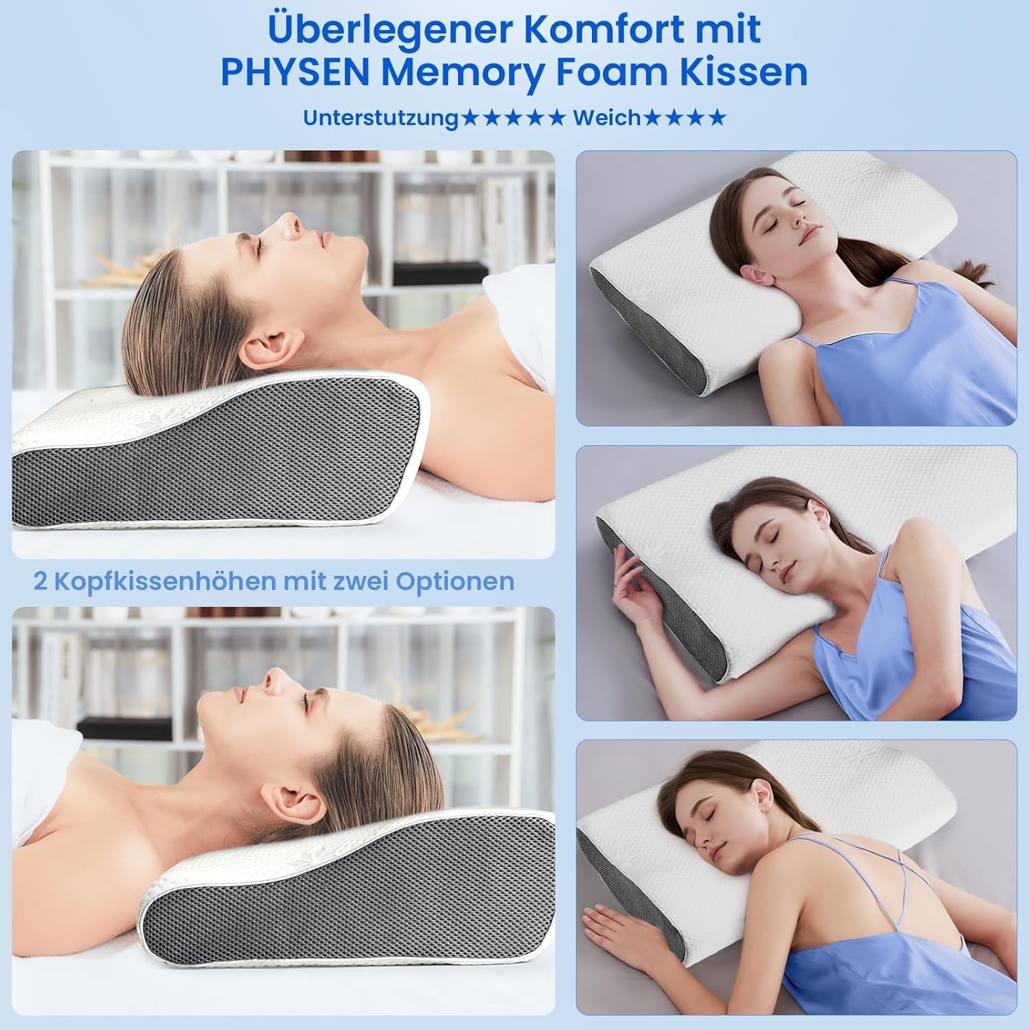 PHYSEN Cuscino ortopedico Cuscino per il collo, Cuscino di supporto per il collo, Cuscino in memory foam, Cuscino ergonomico per il dolore al collo Cuscino per dormire Cuscino antirussamento per fianchi, schiena e addome (62 * 34 * 11 6,5 cm) Cuscini ortopedici cervicali Naty Shop