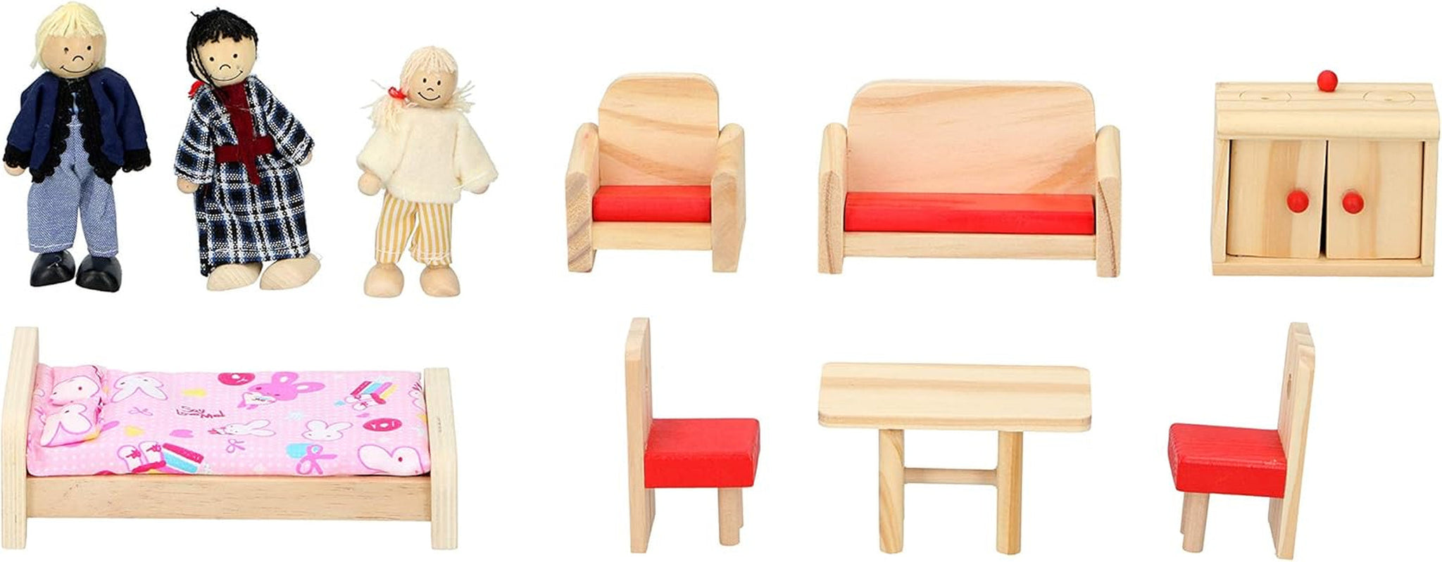 Marionette in Legno - Casa delle bambole in legno con mobili e bambole - 11 pezzi Case delle bambole Naty Shop