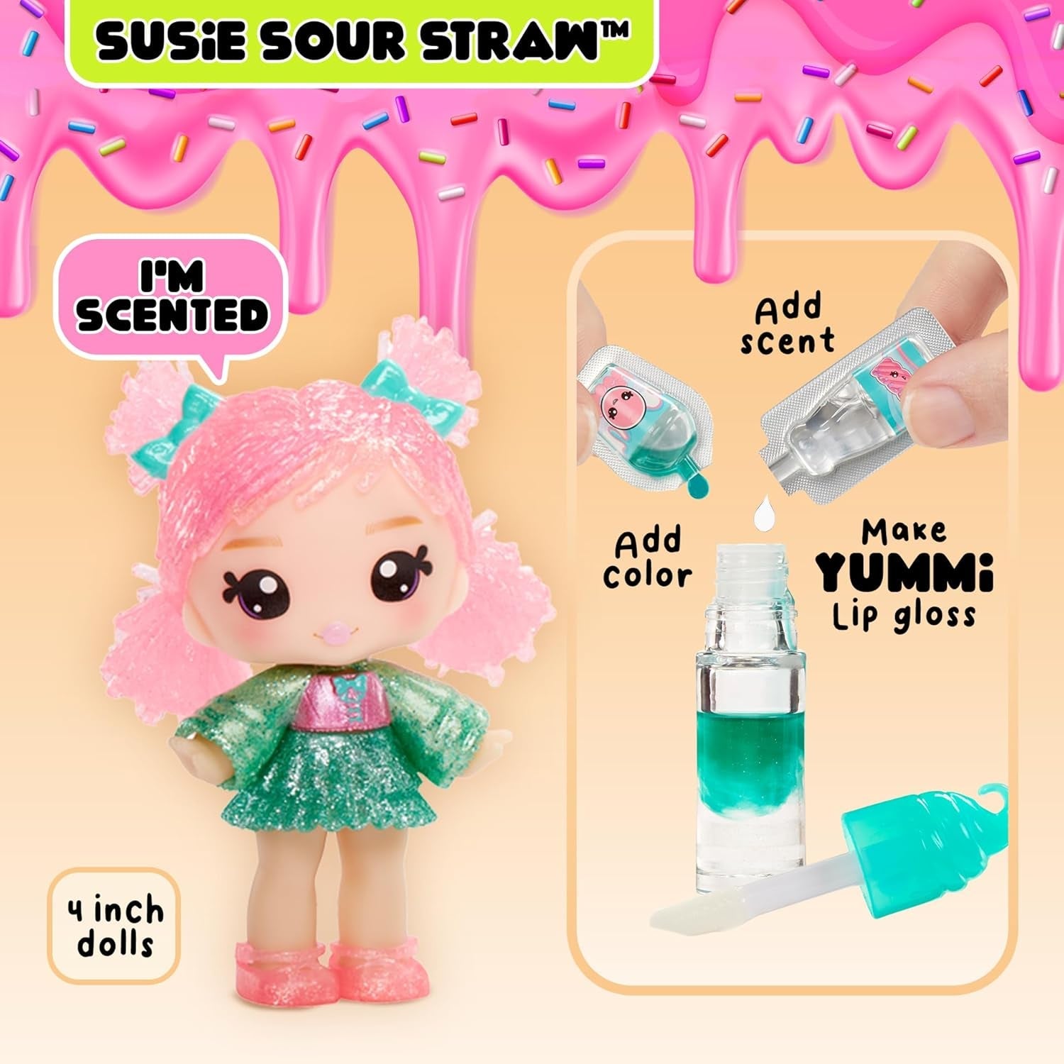 Yummiland Bambola lucidalabbra - Susie Sour Straw - Include kit lucidalabbra fai-da-te, adatto a partire dai 4 anni, Serie 2