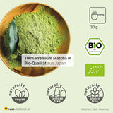 Raab Vitalfood® Premium Bio Matcha in polvere (30g) - Originale dal Giappone, polvere di matcha pura senza additivi, macinata finemente, gusto leggermente amaro, polvere di tè verde, vegano, cerimonia del tè