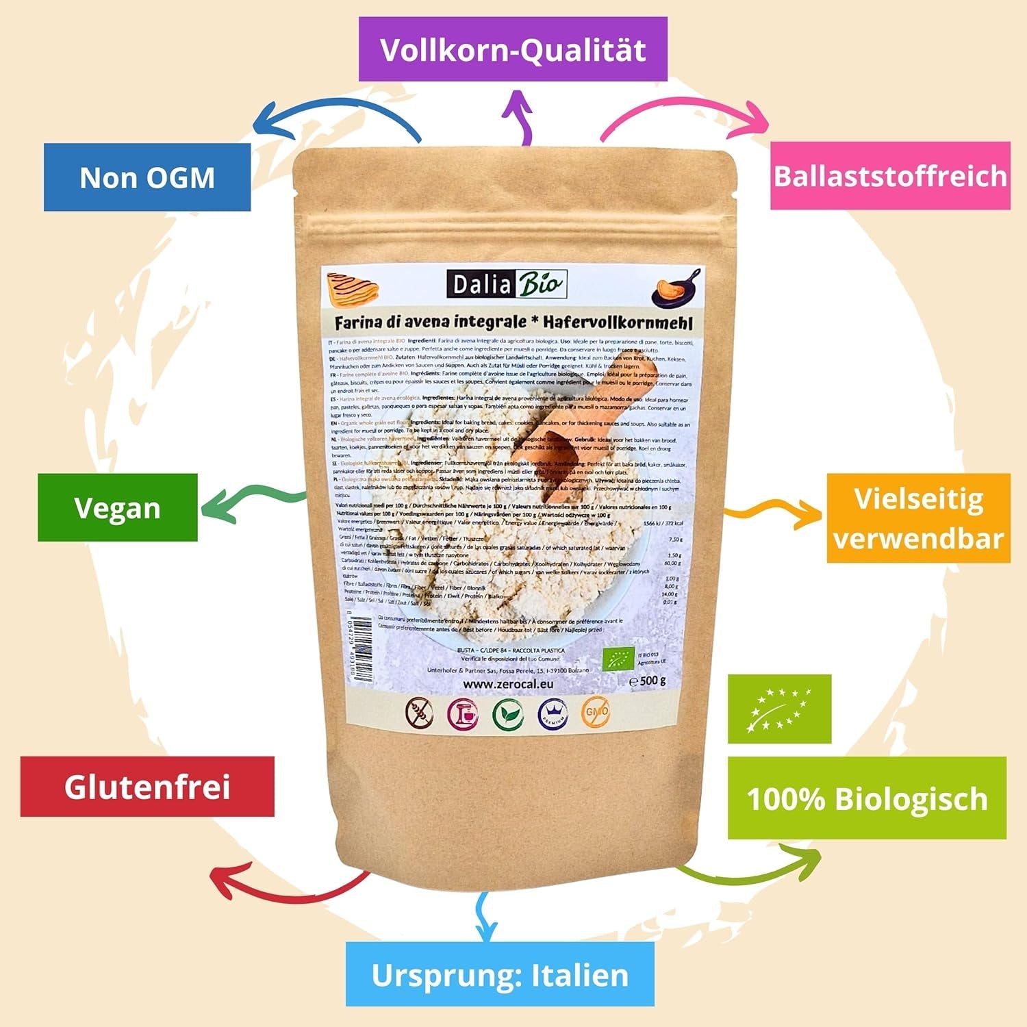 Dalia - Farina di Avena Integrale Bio 500g | Senza glutine | Ricco di fibre e proteine ​​Origine: Italia | Per pane, torte, porridge e ricette fitness | Qualità premium
