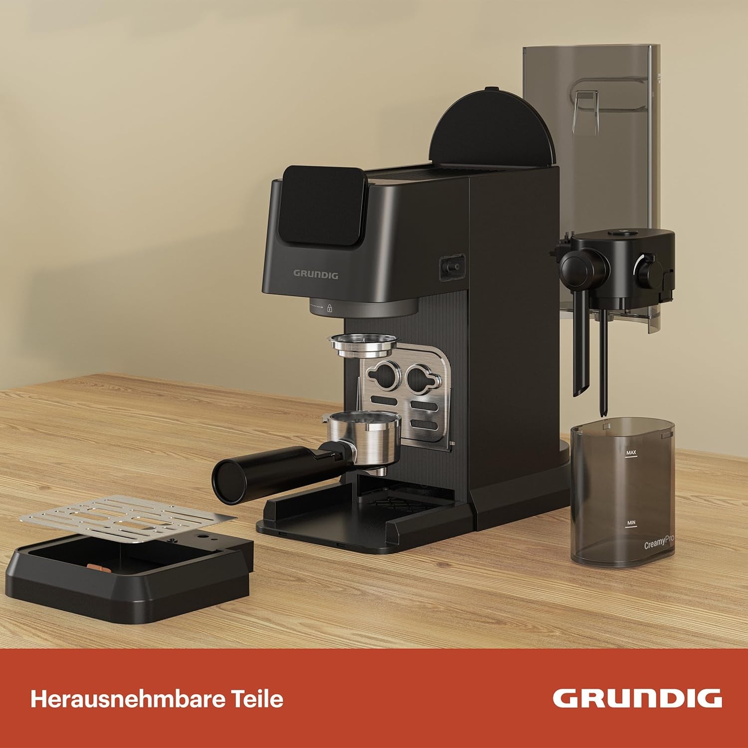 Macchina per caffè espresso portafiltro GRUNDIG KSM 5330 con contenitore del latte integrato, potenza 1628 W, pressione della pompa 15 bar, doppio ugello, display touch a colori, BrewSense, CreamyPro, Acciaio inossidabile scuro/Nero