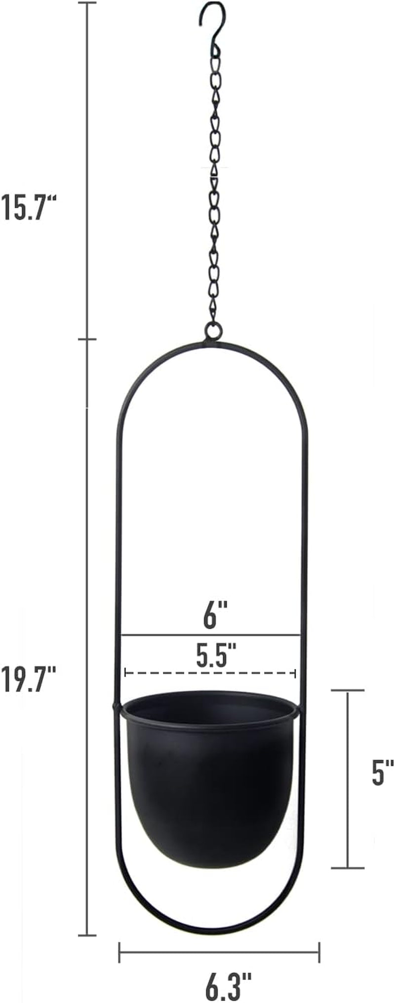 Vasi da fiori sospesi in metallo 2 pezzi Appendiabiti geometrico ovale nero con vasi Fioriera moderna da parete e soffitto Vasi da fiori da 15,2 cm per interni ed esterni 2 pezzi
