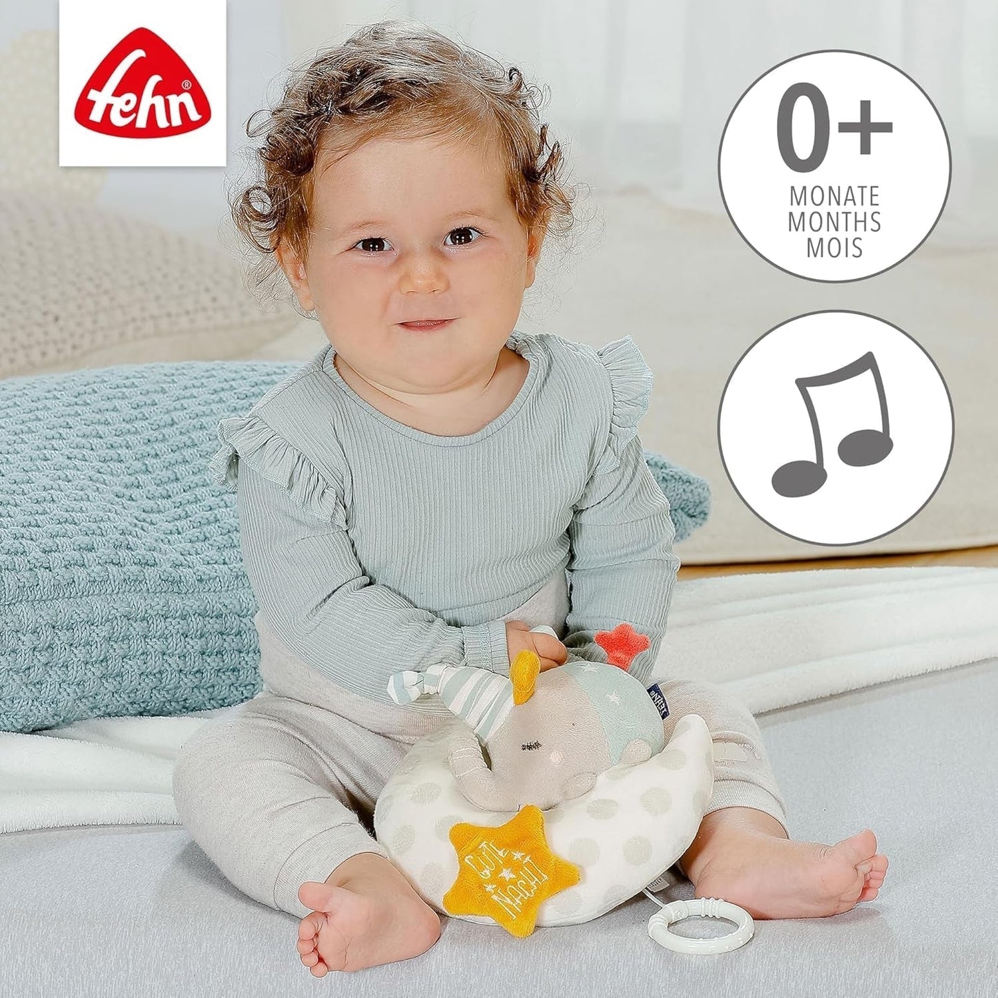 Carillon Fehn elefantino nella luna - ricamo "Glow-in-the-dark" con la canzone "The moon has rise" - peluche per addormentarsi - giocattolo per bambini in viaggio e a casa - da 0+ mesi Baby Toys Naty Shop