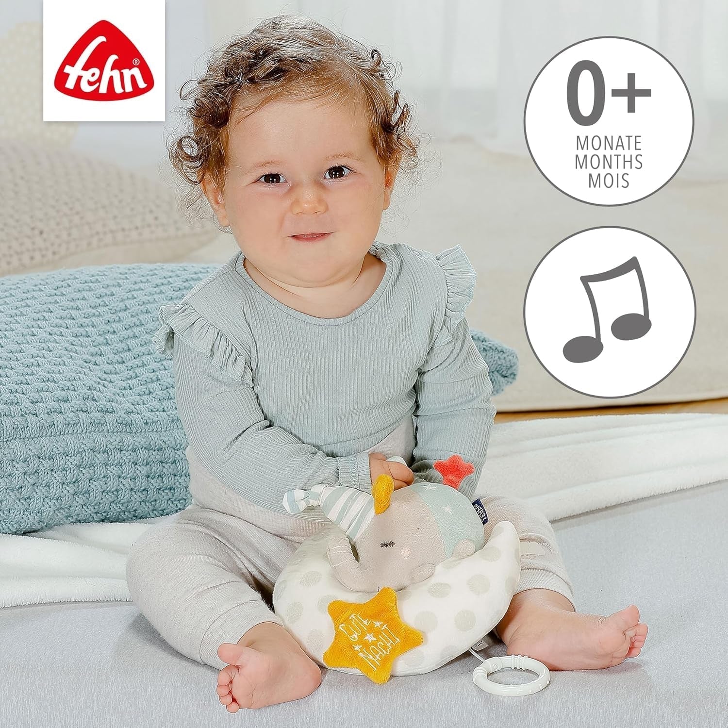 Carillon Fehn elefantino nella luna - ricamo "Glow-in-the-dark" con la canzone "The moon has rise" - peluche per addormentarsi - giocattolo per bambini in viaggio e a casa - da 0+ mesi Baby Toys Naty Shop