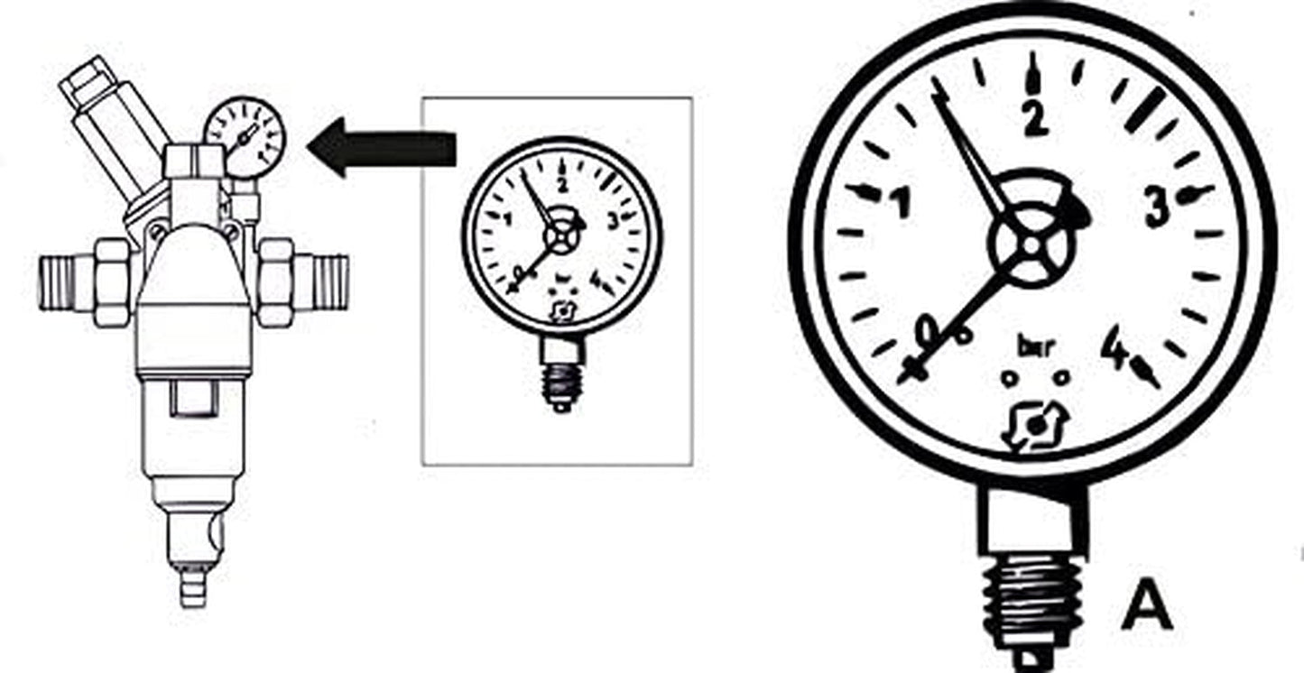 Manometro con corna con porta inferiore da 1/4" - Nero - Adatto per filtri controlavaggio con riduttore di pressione - Plastica - Autosigillante con O-ring in PTFE / Manometro / Aria compressa / Manometro / DMMU14