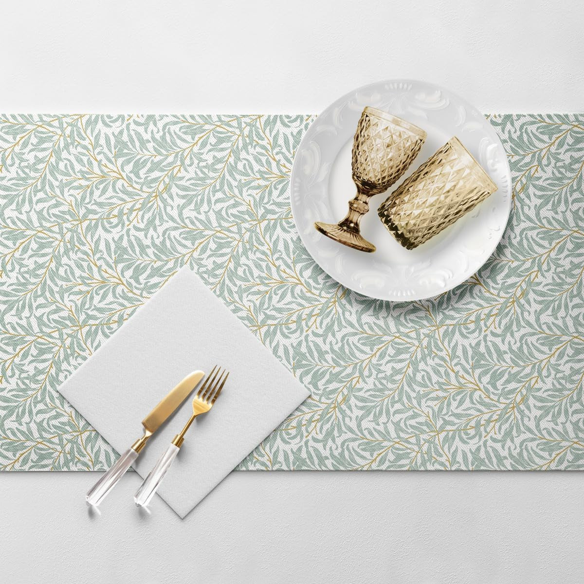 PAW - Runner da tavola in Airlaid (40 Cm X 24 M) I Decorazioni da tavola per Comunione, Cresima, Matrimonio, Anniversario, Festa in Giardino, Battesimo I Decorazioni da tavola Elegante Nastro da tavola - Ramo di salice I Ramo di salice