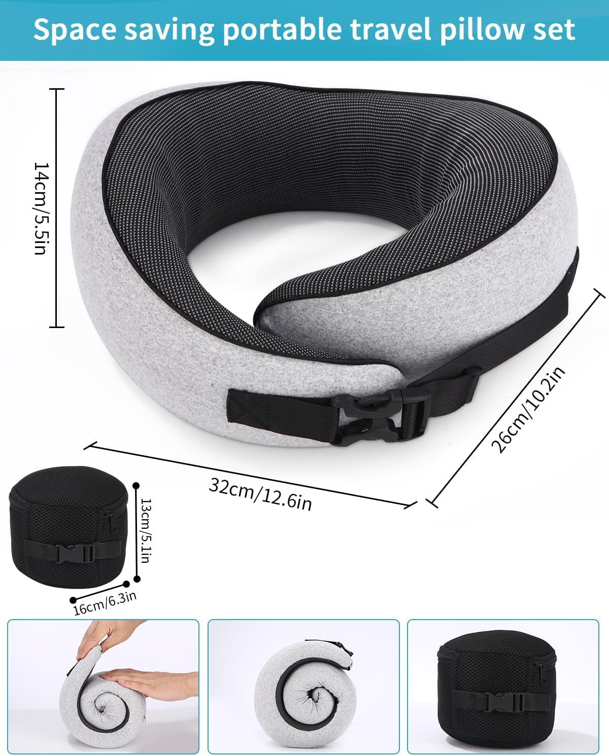 Cuscino per collo da aereo, Cuscino da viaggio in memory foam, Cuscino per collo per adulti, Cuscino da aereo regolabile e lavabile, Cuscino da viaggio ergonomico (Grigio) Cuscini ortopedici cervicali Naty Shop