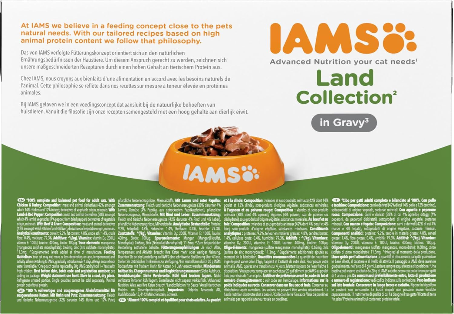 IAMS Delights Land Collection Cibo umido per gatti - Confezione multipla con varietà di carne (agnello, manzo, pollo e tacchino) in salsa, cibo umido per gatti da 1 anno, 12 x 85g