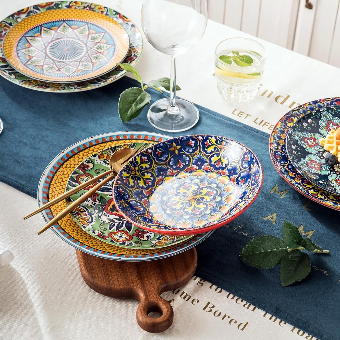 HENXFEN LEAD Servizio di stoviglie in porcellana, Servizio di stoviglie da 12 pezzi per 4, Servizio di stoviglie colorato per 4 - Piatti dipinti a mano, Piatti da dessert, Piatti fondi - Stile bohémien