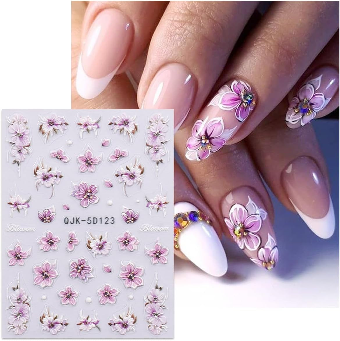 JMEOWIO 3D Nagelsticker Blumen Nail Art Sticker Selbstklebend Nagelaufkleber 5D Stereoscopico Frühling Sommer Dekoration Nageldesign Zubehör 4 Blatt