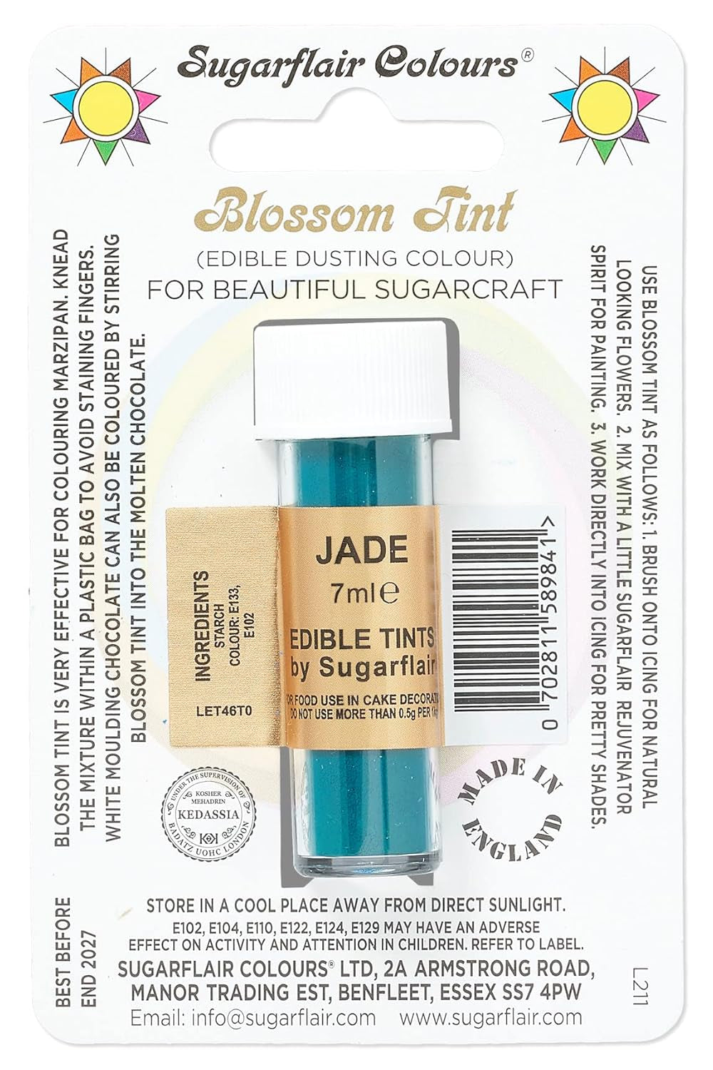 Colorante alimentare in polvere Sugarflair Blossom Tint Dusting Jade - Colorante alimentare in polvere per decorare pasta di zucchero colorata, fondente, glassa, cioccolato, crema al burro, amaretti - 7ml
