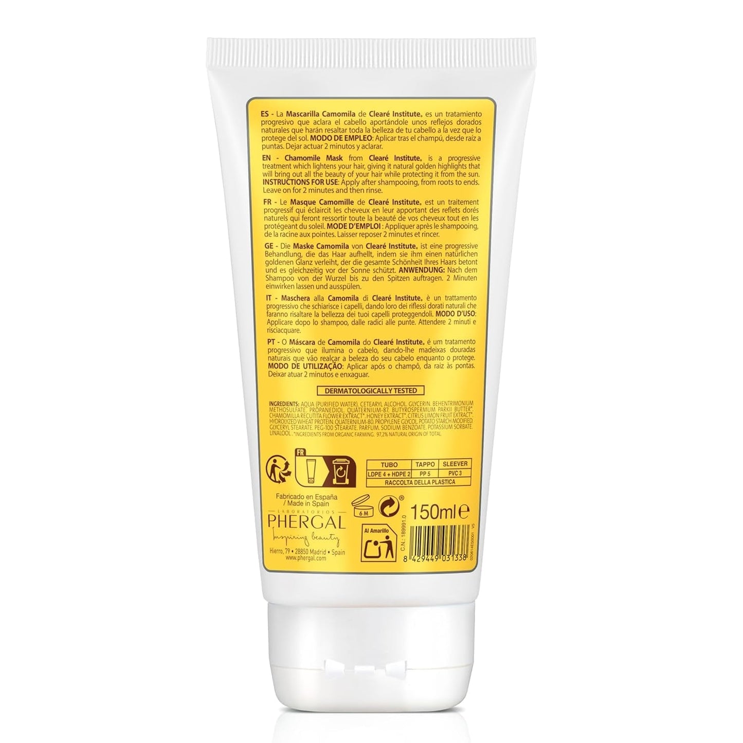 Istituto Clearé | Maschera alla camomilla | Nutre, condiziona e districa | Splendore e splendore dorati | 97% ingredienti naturali | Lenisce il cuoio capelluto Con estratto di camomilla | Maschera per capelli Naty Shop da 150 ml