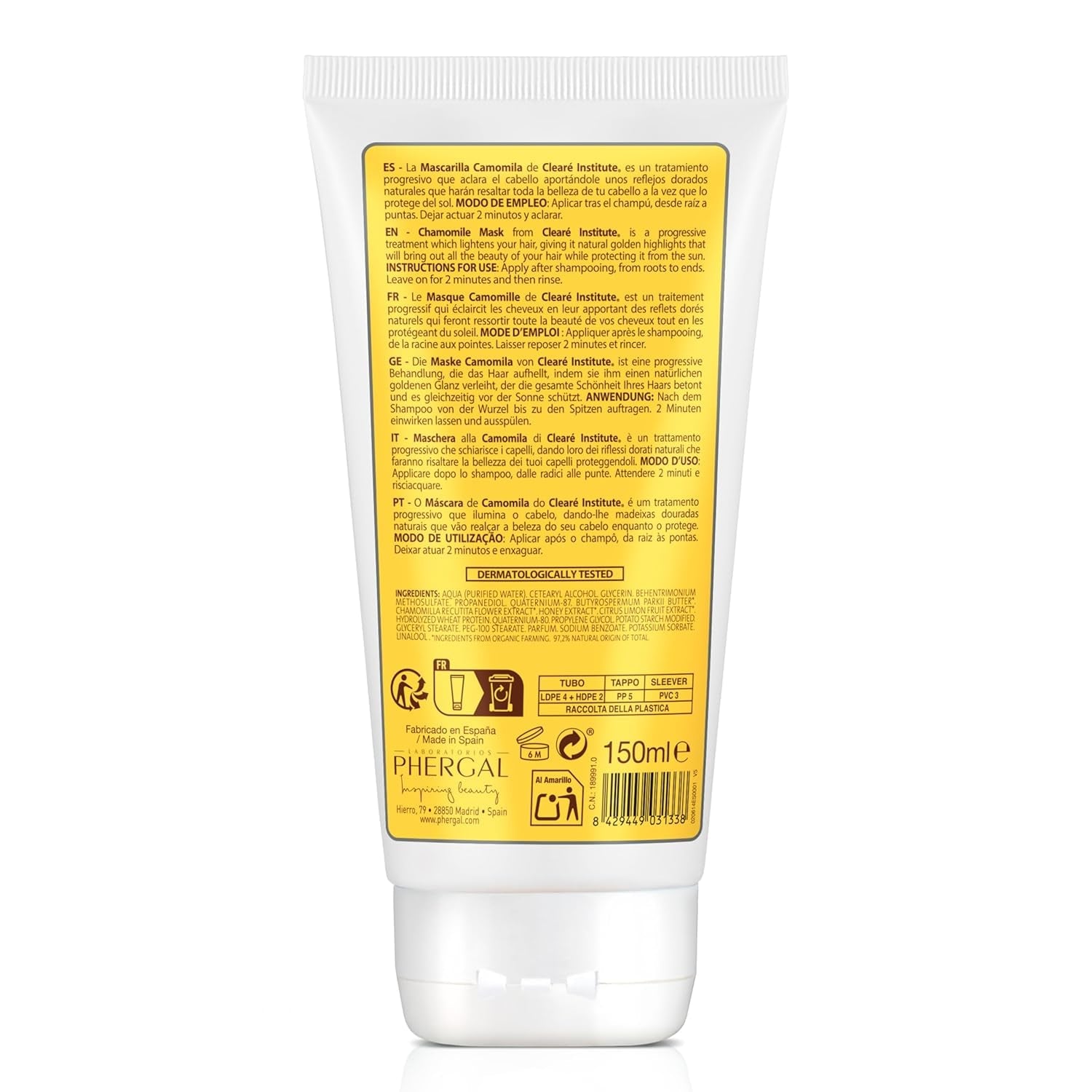 Istituto Clearé | Maschera alla camomilla | Nutre, condiziona e districa | Splendore e splendore dorati | 97% ingredienti naturali | Lenisce il cuoio capelluto Con estratto di camomilla | Maschera per capelli Naty Shop da 150 ml