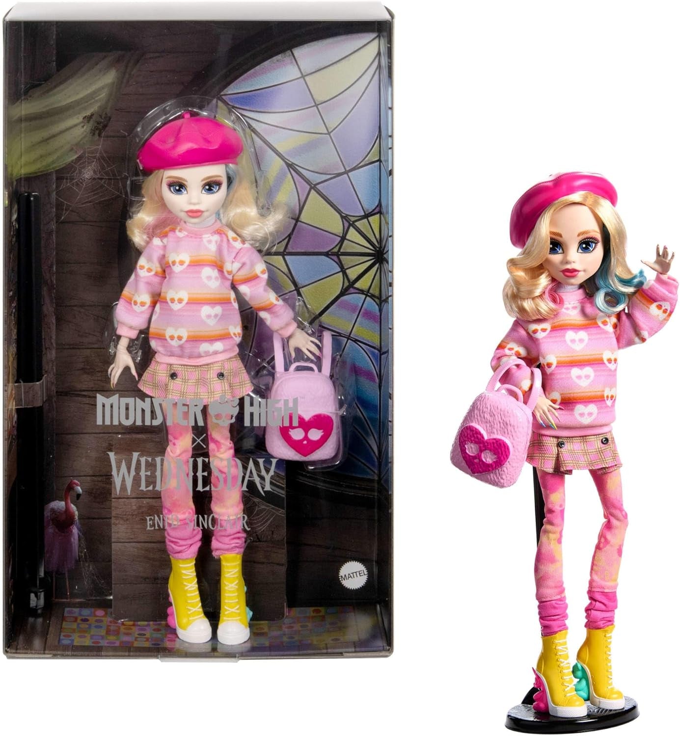 Monster High Wednesday Bambola e accessori Figura da collezione rosa Enid Sinclair con berretto e zaino Supporto per bambola HXJ05