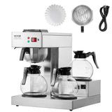 VEVOR Macchina per caffè espresso commerciale con filtro da 12 tazze con 3 caraffe in vetro e 3 piastre riscaldanti Macchina per caffè espresso in acciaio inossidabile con fornitura automatica di acqua per bar ristorante ufficio