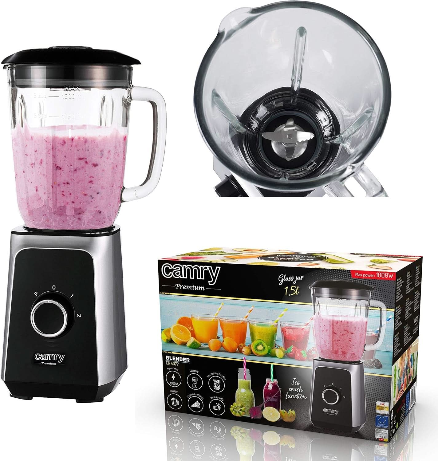 CR 4077 Robot da cucina con contenitore in vetro da 1,5 l, frullatore, mixer ad alta efficienza, mahlung, Eis-Zerkleinerung, Pulsfunktion, Edelstahlklingen, 2 Geschwindigkeiten, 1000W, Nero/Argento Kitchen Naty Shop