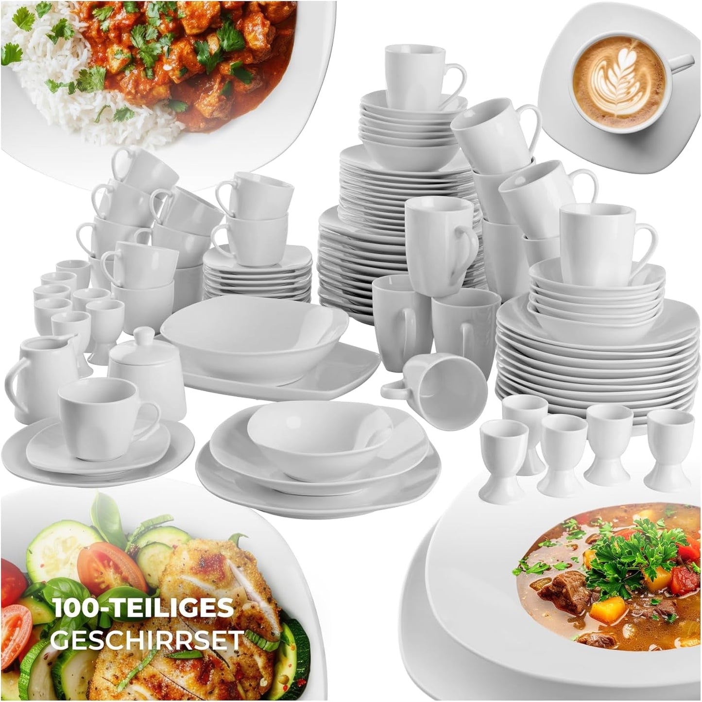 tectake® Servizio Piatti per 12 Persone, Servizio Piatti in Porcellana da 100 Pezzi, Compresi 12 Piatti, 12 Piatti Dessert, 12 Piatti Piani, 12 Tazze, 12 Ciotole per Cereali, Insalatiera, Lattiera, Zuccheriera