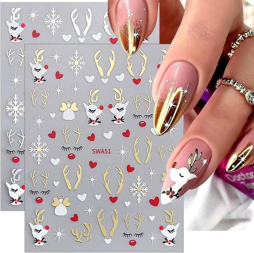 Adesivi per unghie con fiocchi di neve cartoni animati, Adesivi per unghie di Natale, Autoadesivi, Disegni per unghie di Natale, Nail art, Cervo, Fiocchi di neve, Adesivi per unghie di Natale, Accessori per unghie invernali
