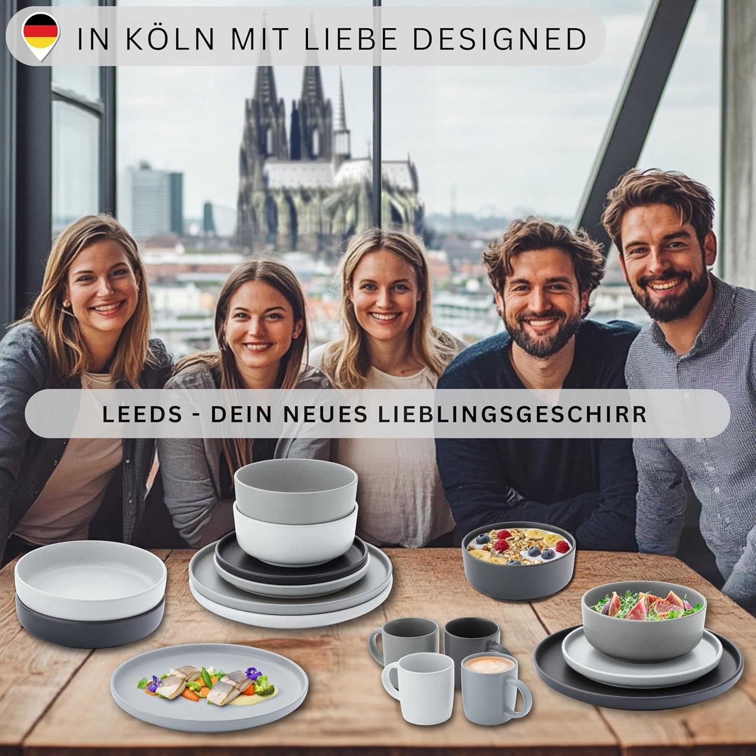SÄNGER Leeds | Set di stoviglie in gres da 12 pezzi Set di piatti piani per 4 persone (4 piatti piani, 4 piatti dessert, 4 ciotole), stoviglie colorate antigraffio | LA COLLEZIONE DI VALORE