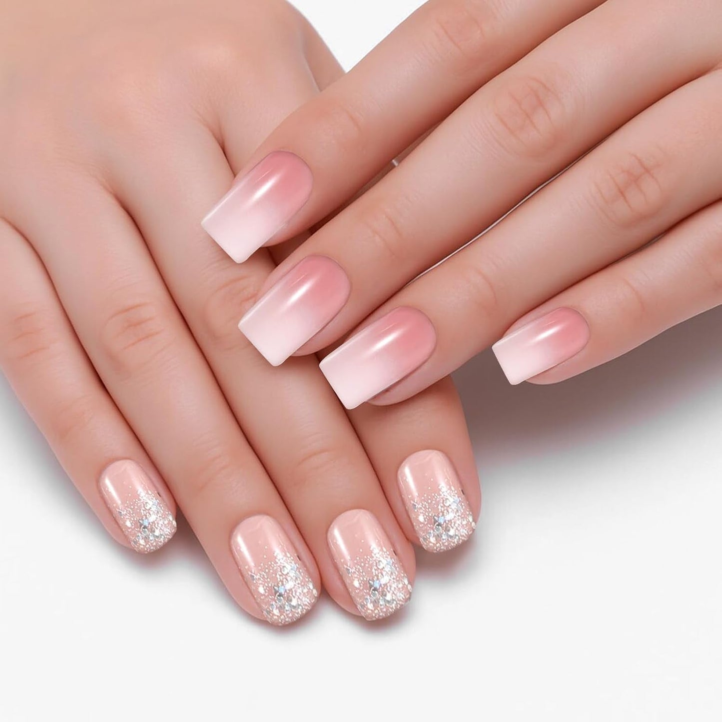 48 pezzi di colla corta sulle unghie 2 stili Unghie francesi corte quadrate con colla per unghie e lima per unghie Unghie finte rosa bianche sfumate per le donne