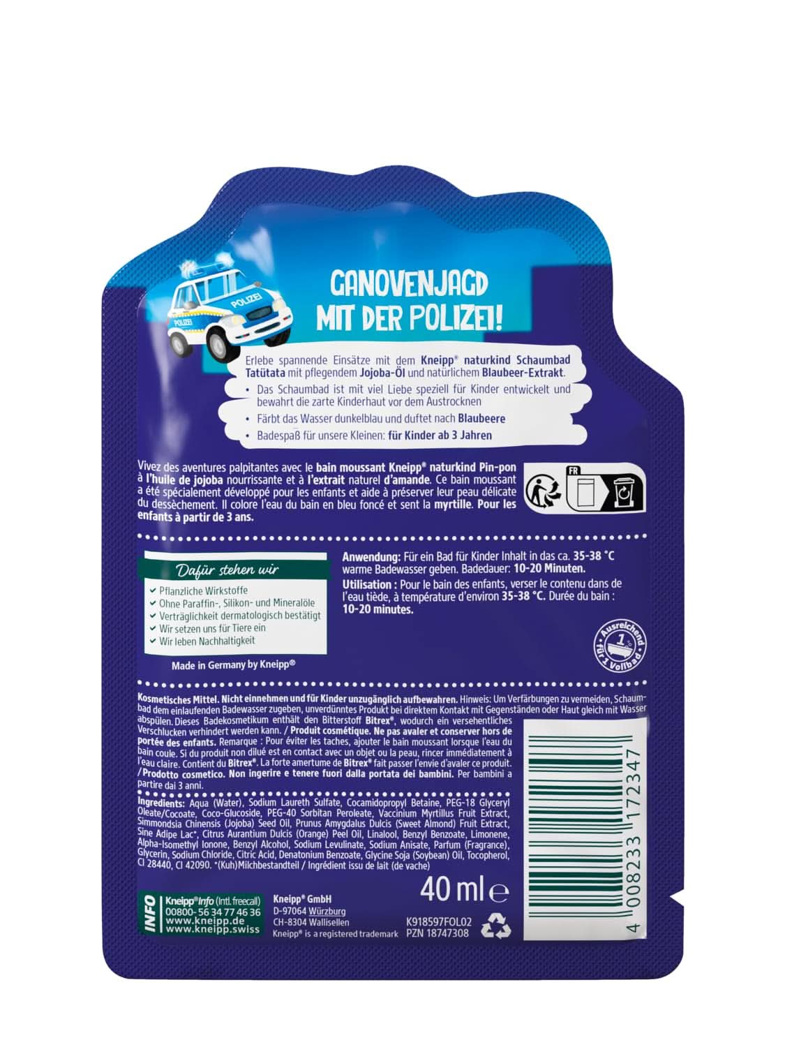 Kneipp Naturkind, additivo per il bagno con olio di jojoba nutriente ed estratto naturale di mirtillo, aroma fruttato di mirtillo, acqua blu, 40 ml Doccia e bagno Naty Shop