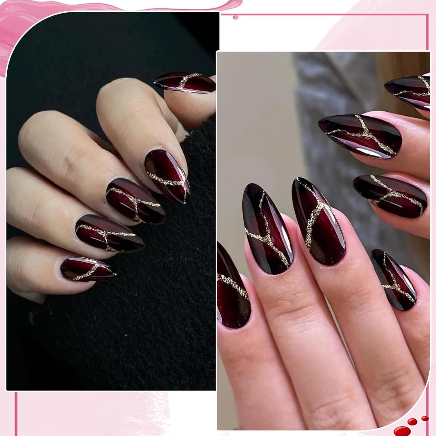 24 pezzi di unghie finte rosse e nere Colla sulle unghie finte Colla sulle unghie Punte per unghie a forma di mandorla Copertura completa Unghie finte Premere sulle unghie Set Unghie finte rosse e nere