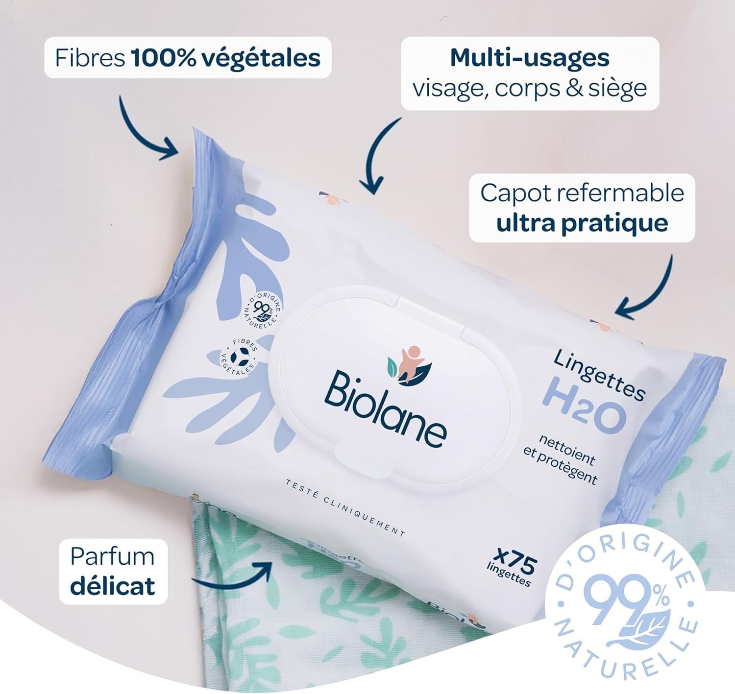 BIOLANE - Salviette umidificate per neonati con acqua - 225 salviette - 3 x 75 pezzi - Pulizia delicata ed efficace - Dalla nascita - Qualità francese