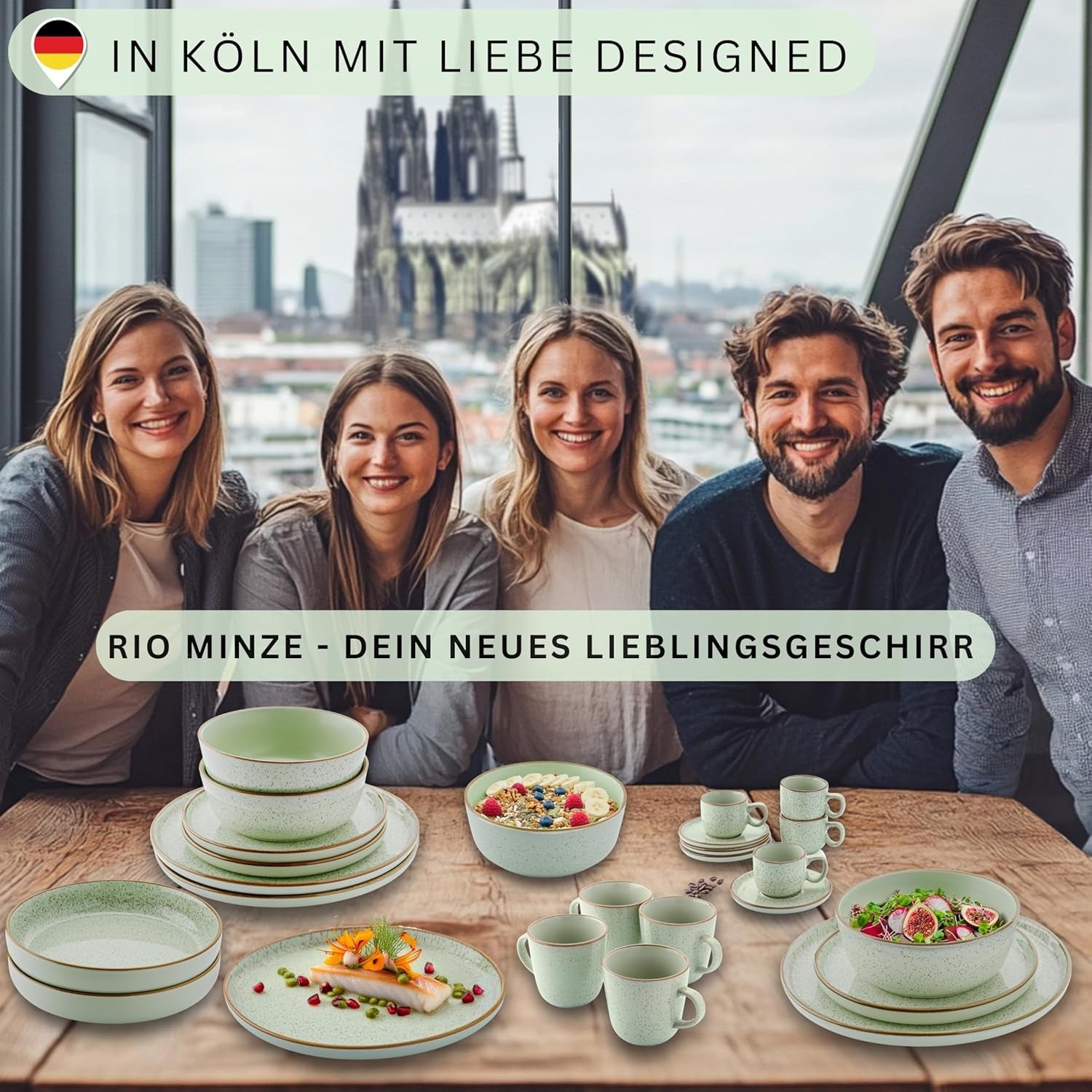 SÄNGER Rio Menta | Set di Stoviglie in Gres per 6, 6 Piatti, 6 Piatti da Dessert, 6 Ciotole, Verde Menta | LA COLLEZIONE DI VALORE