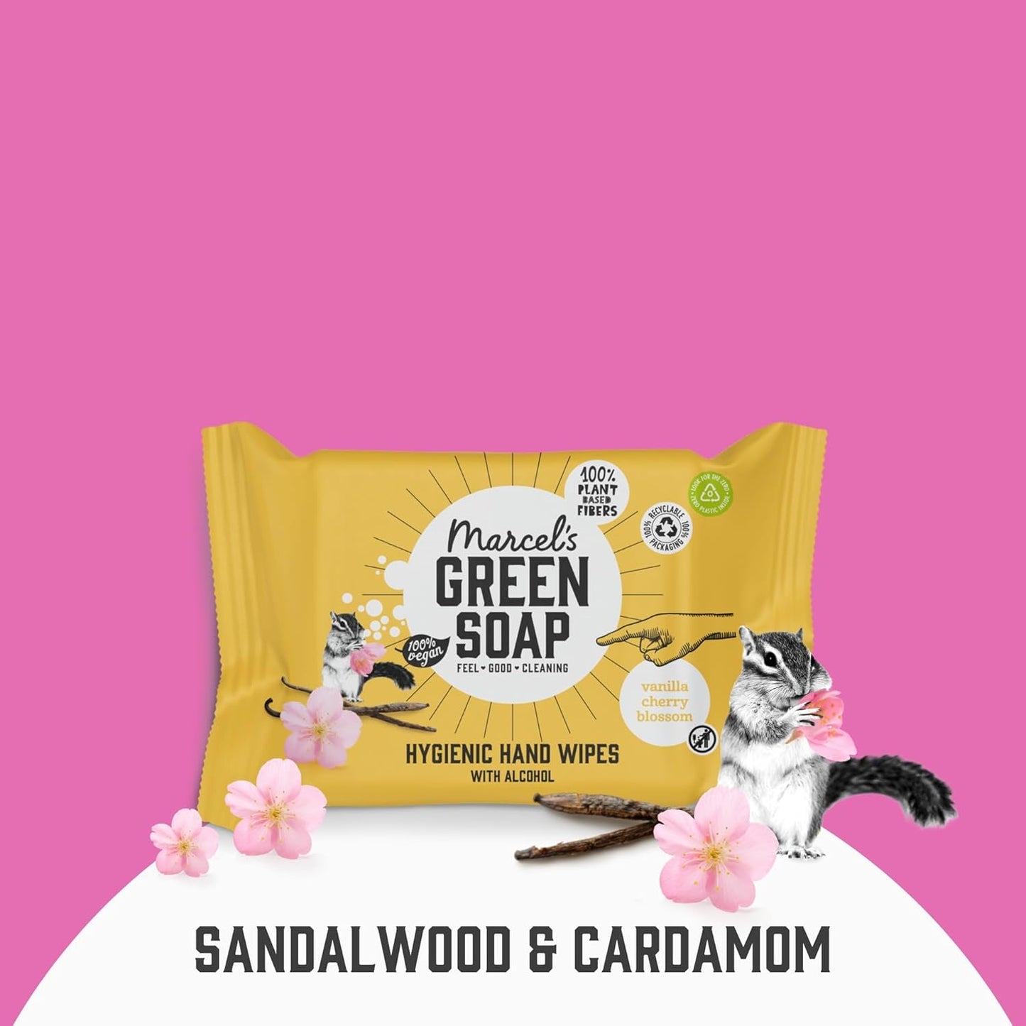 Salviette umidificate per mani Marcel's Green Soap, confezione da 60 - Vaniglia e fiori di ciliegio - A base vegetale - Biologiche