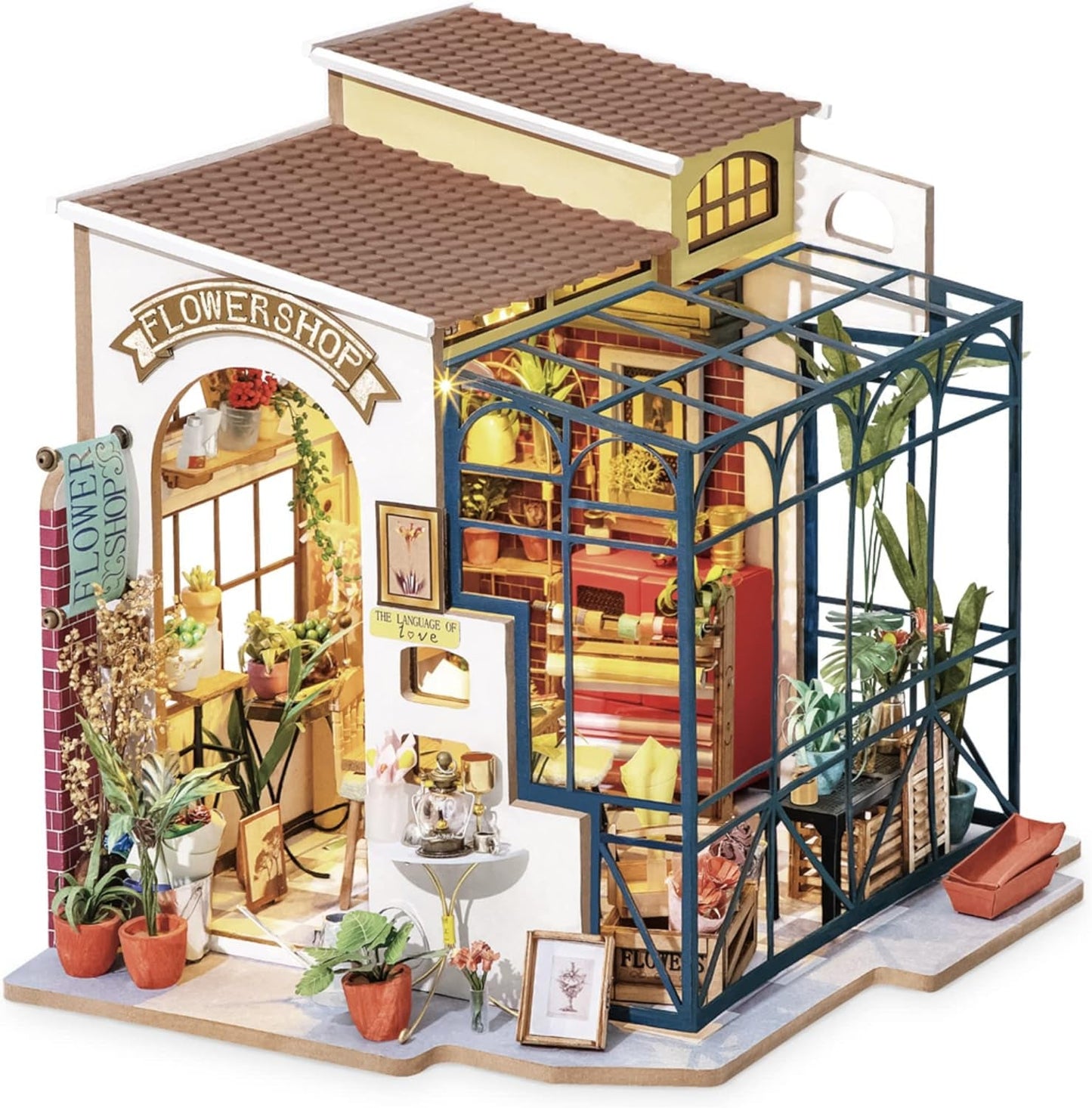 Robotime DG145 Rolife Emily's Flower Shop Casa delle bambole in miniatura Realizzata in legno, metallo, tessuto e cartone, Dimensioni: 22 X 15 X 17 cm, Case delle bambole Naty Shop