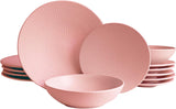 ECHTWERK Set di stoviglie vintage da 12 pezzi, design naturale, "Blanka" per 4 persone, elegante set di stoviglie in gres strutturato con 4 piatti piani, 4 piatti laterali, 4 piatti piani rosa