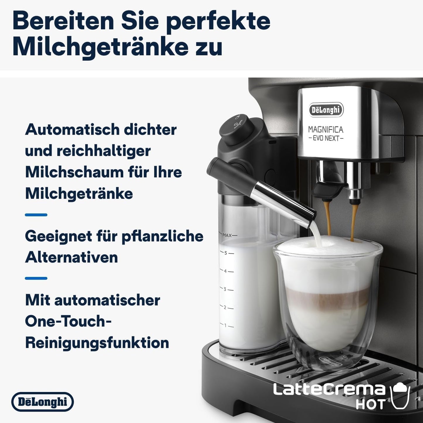 De'Longhi Magnifica Evo Next - Perfetto Espressore completamente automatico con montalatte LatteCrema, 13 bevande one-touch, macchina per caffè e cappuccino, touch screen a colori, titanio (ECAM312.80.TB)