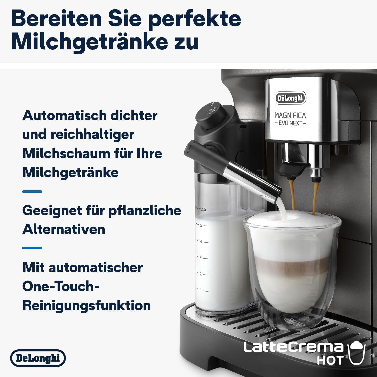 De'Longhi Magnifica Evo Next - Perfetto Espressore completamente automatico con montalatte LatteCrema, 13 bevande one-touch, macchina per caffè e cappuccino, touch screen a colori, titanio (ECAM312.80.TB)