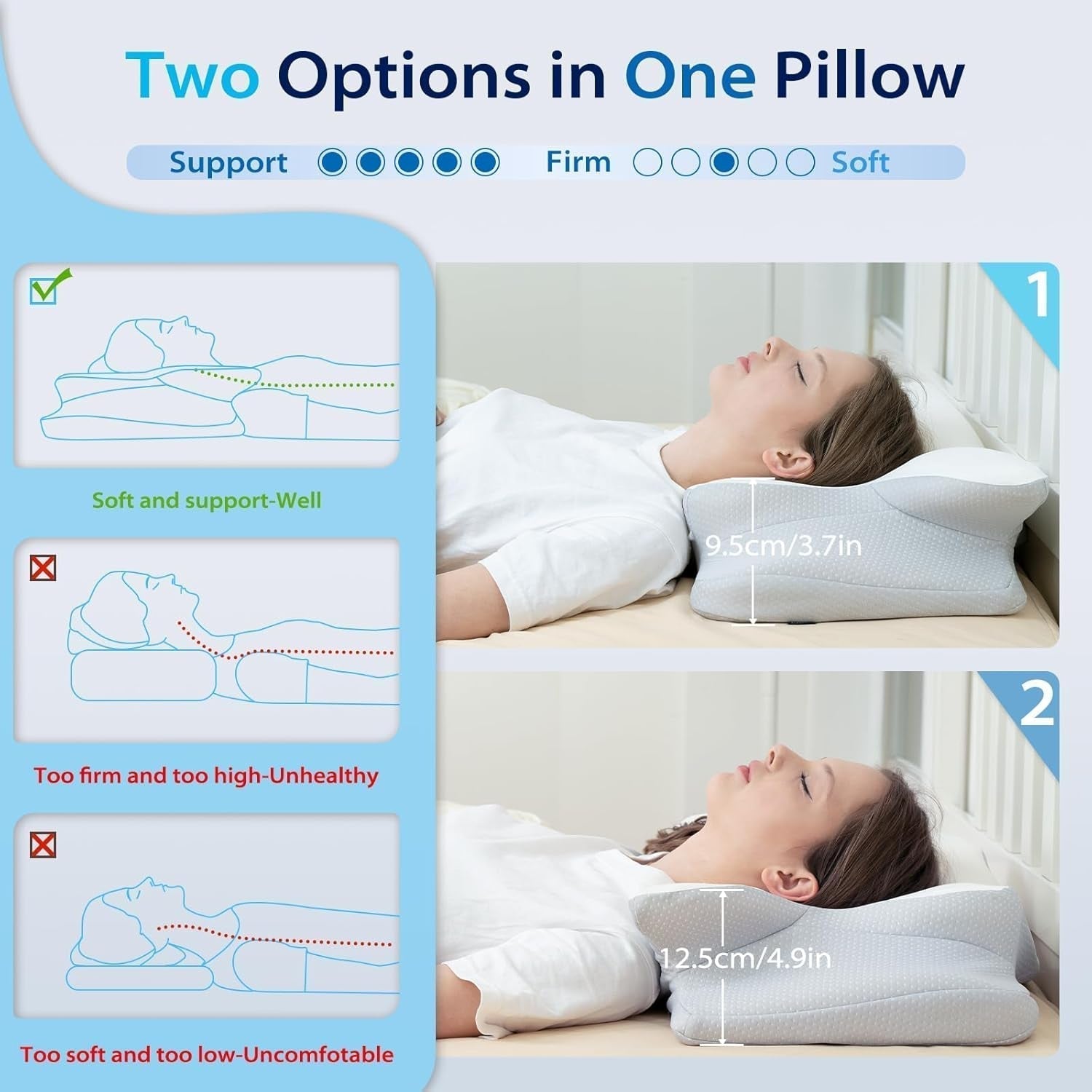 HOMCA Cuscino Collo, Cuscino ergonomico in Memory Foam Fodera per cuscino rinfrescante 3D per posizione supina, laterale o prona, 62 X 41 X 9,5/12,5 Cm Cuscini ortopedici cervicali Naty Shop