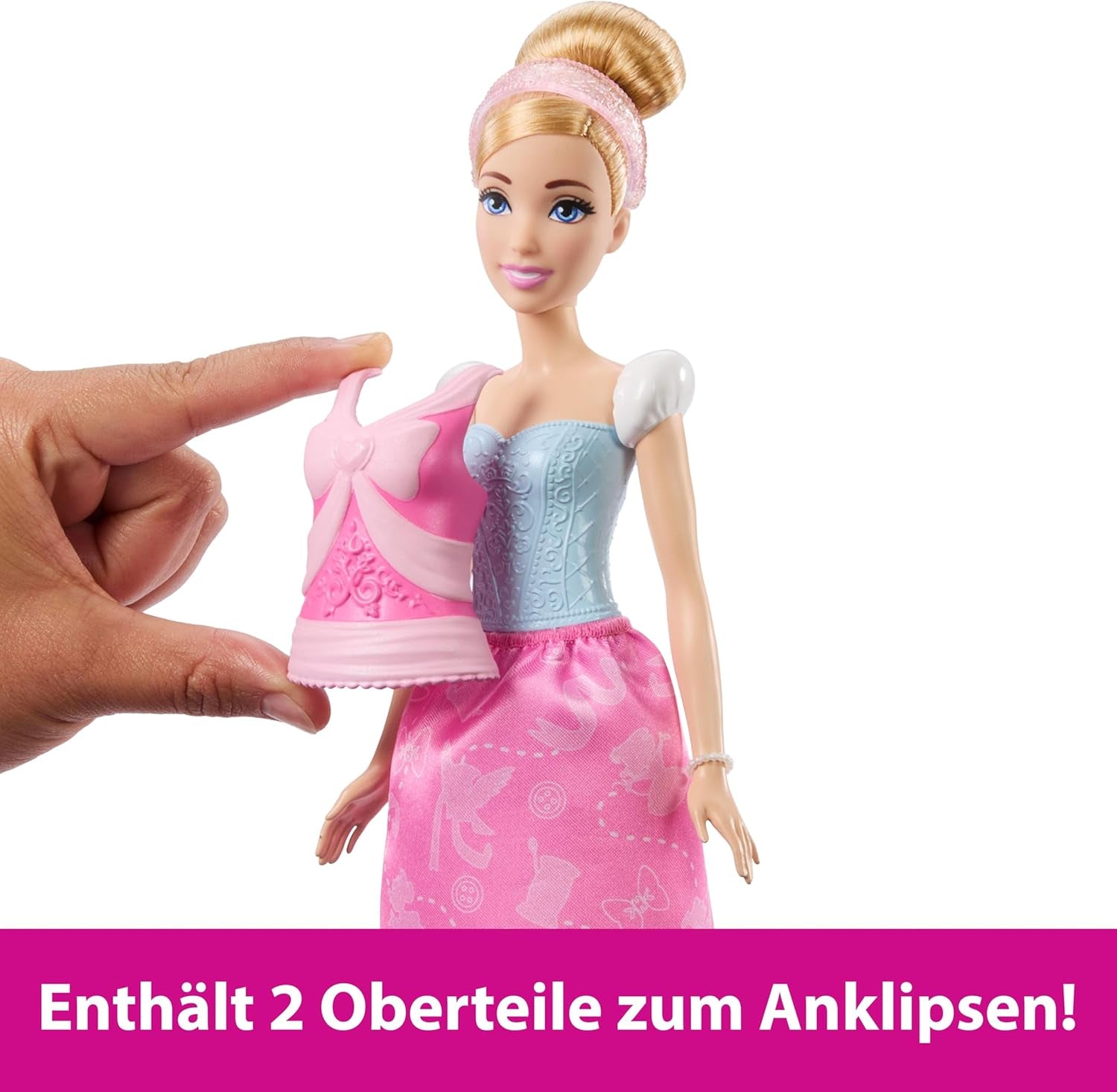 Mattel Disney Princess Toys Bambola fashion Cenerentola con 2 abiti, 9 accessori, 2 top con clip e 2 gonne. Poveşti 2 in 1 ispira il film Disney, JCR95