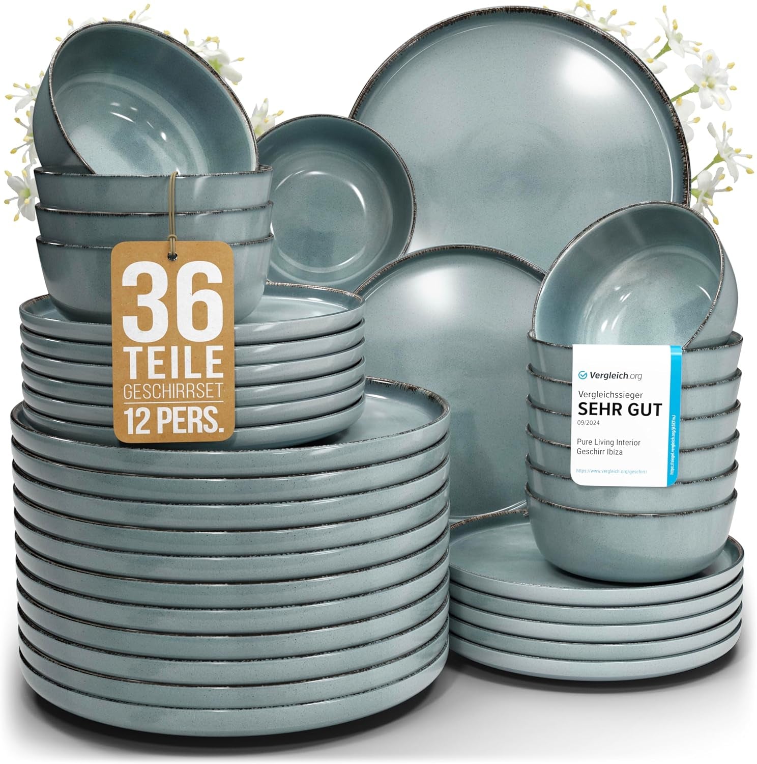 Steingut Geschirrset 12 Personen Rustico 36 tlg. TESTSIEGER, Hochwertiges Landhaussttil Steingut Geschirr Set, Schüssel- und Teller Set, Tafelservice 12 Personen, Geschirrsets Pure Living in Rauchblau