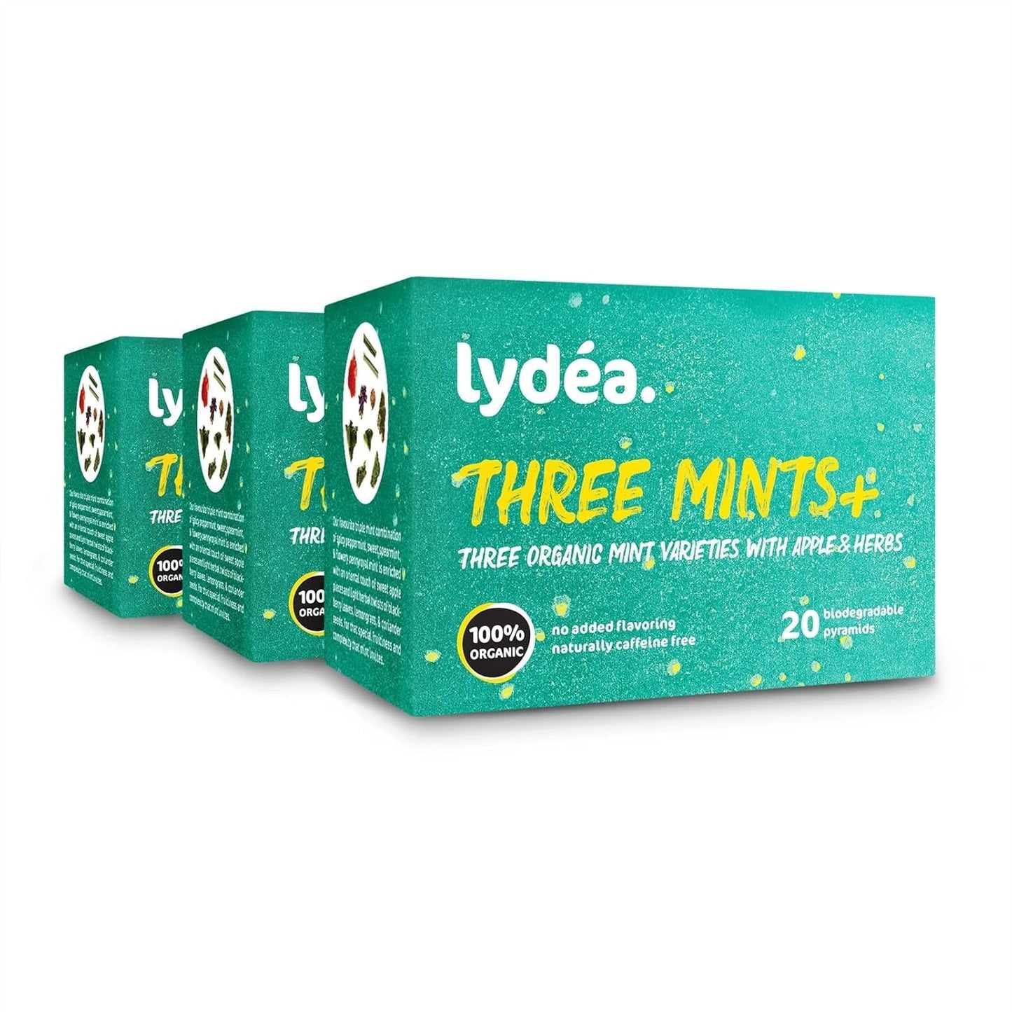 Lydea Three Mints+ Tisana Biologica con Tre Assortimenti di Menta, Mela ed Erbe, 60 Piramidi, Confezione da 3 [3 x 20 Piramidi]